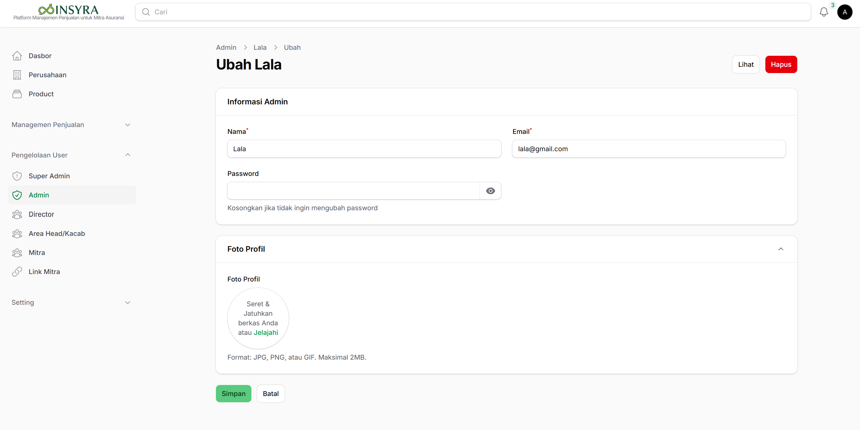 Form Ubah Admin