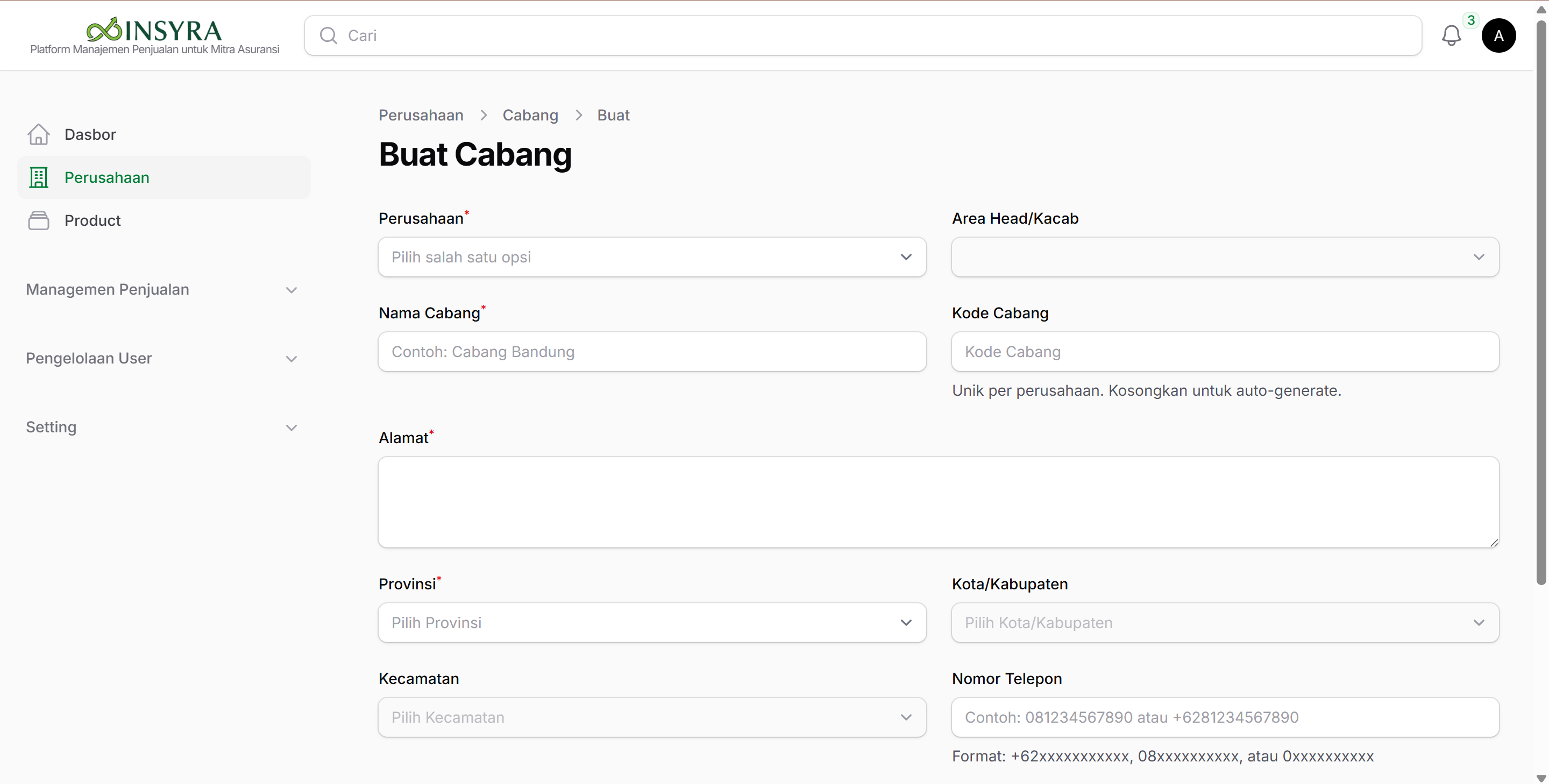 Form Membuat Cabang