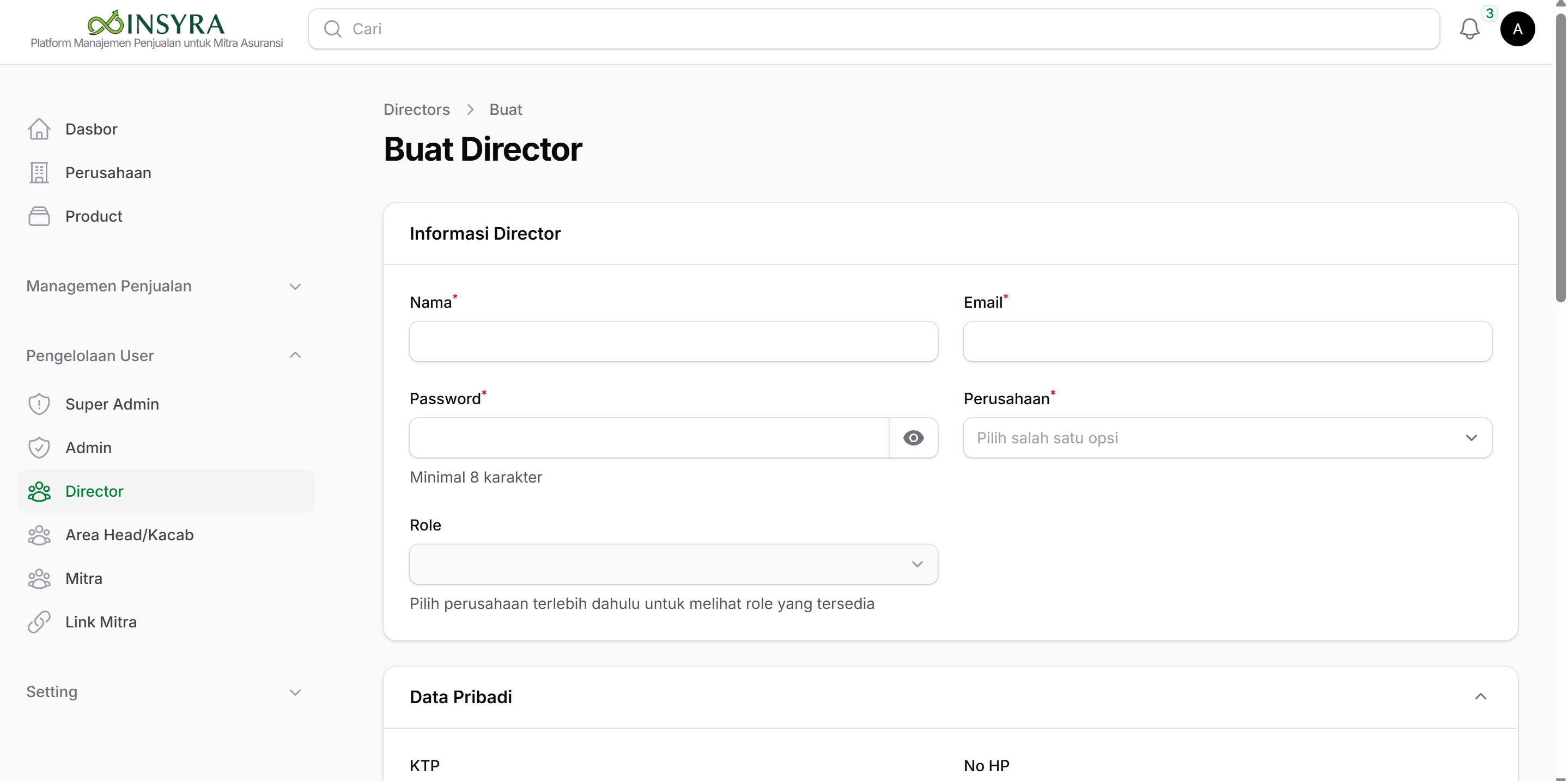 Form Membuat Super Admin