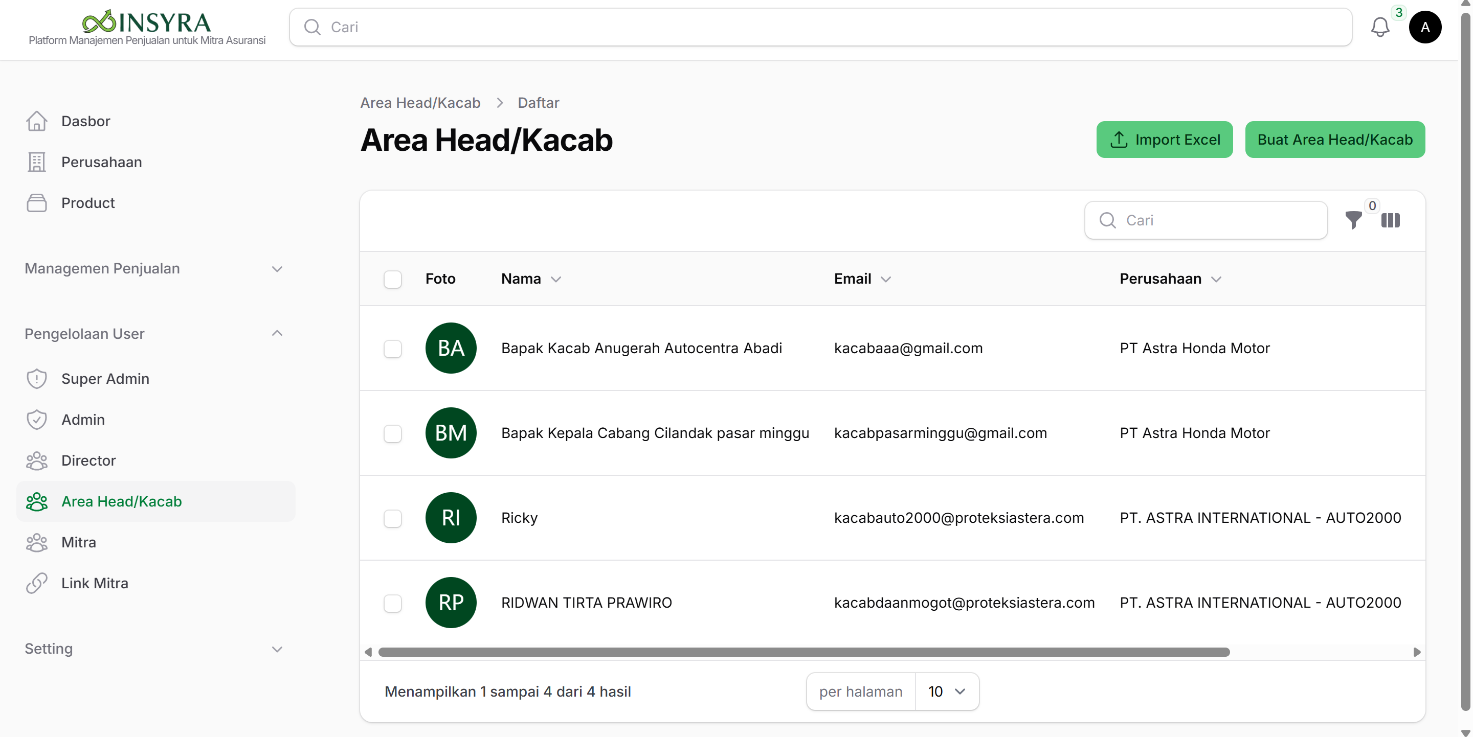 Tampilan Halaman Area Head/Kacab