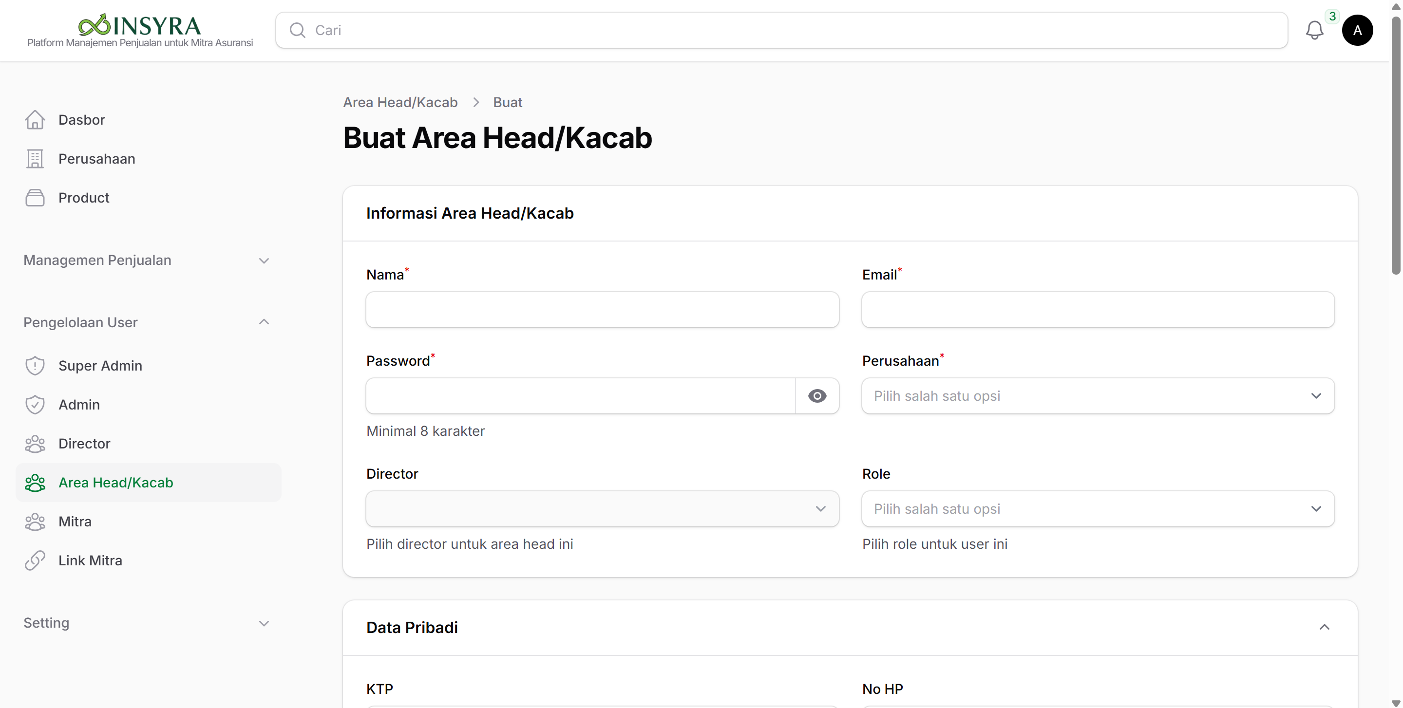 Form Membuat Area Head/Kacab