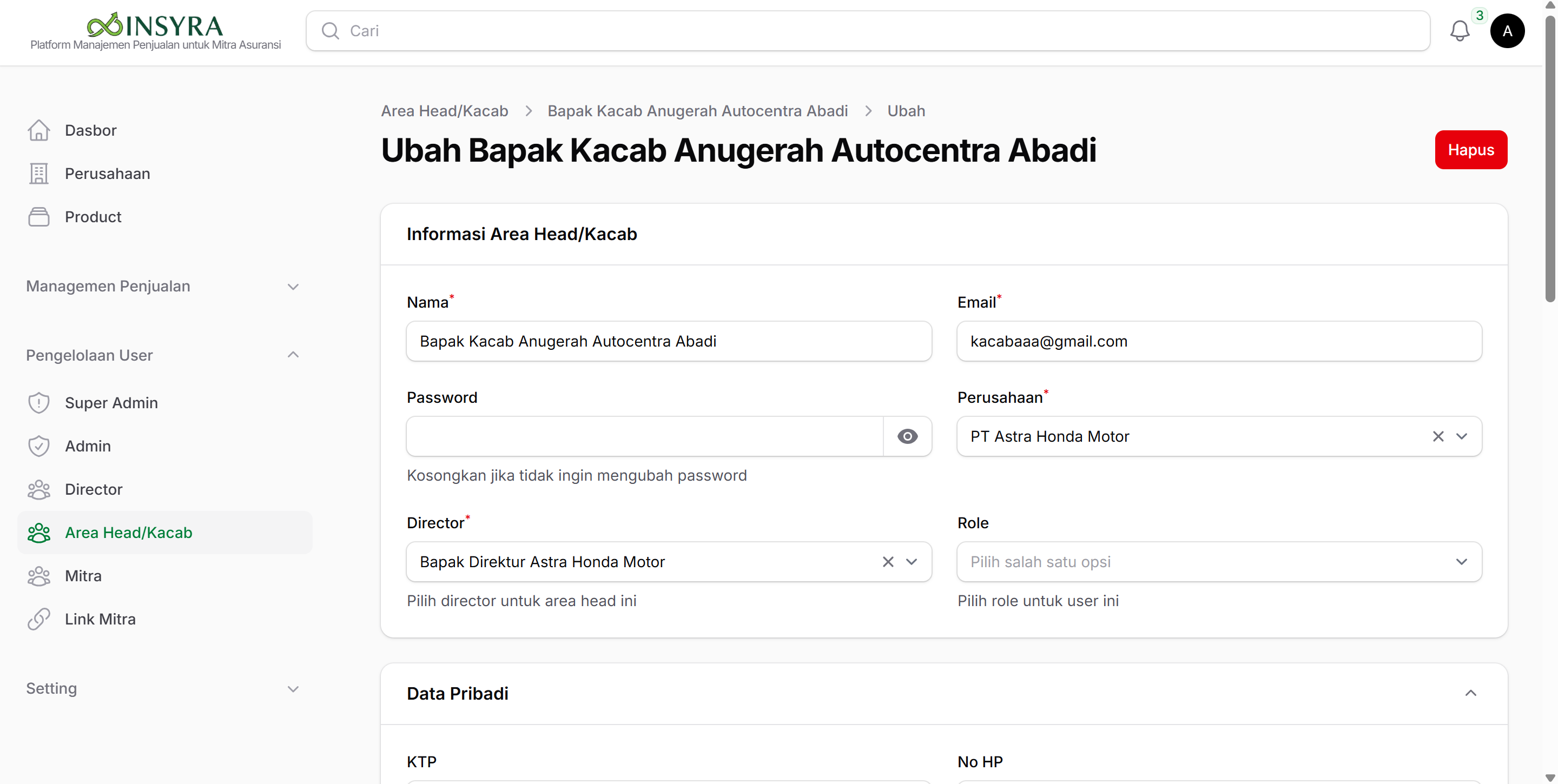Form Ubah Area Head/Kacab