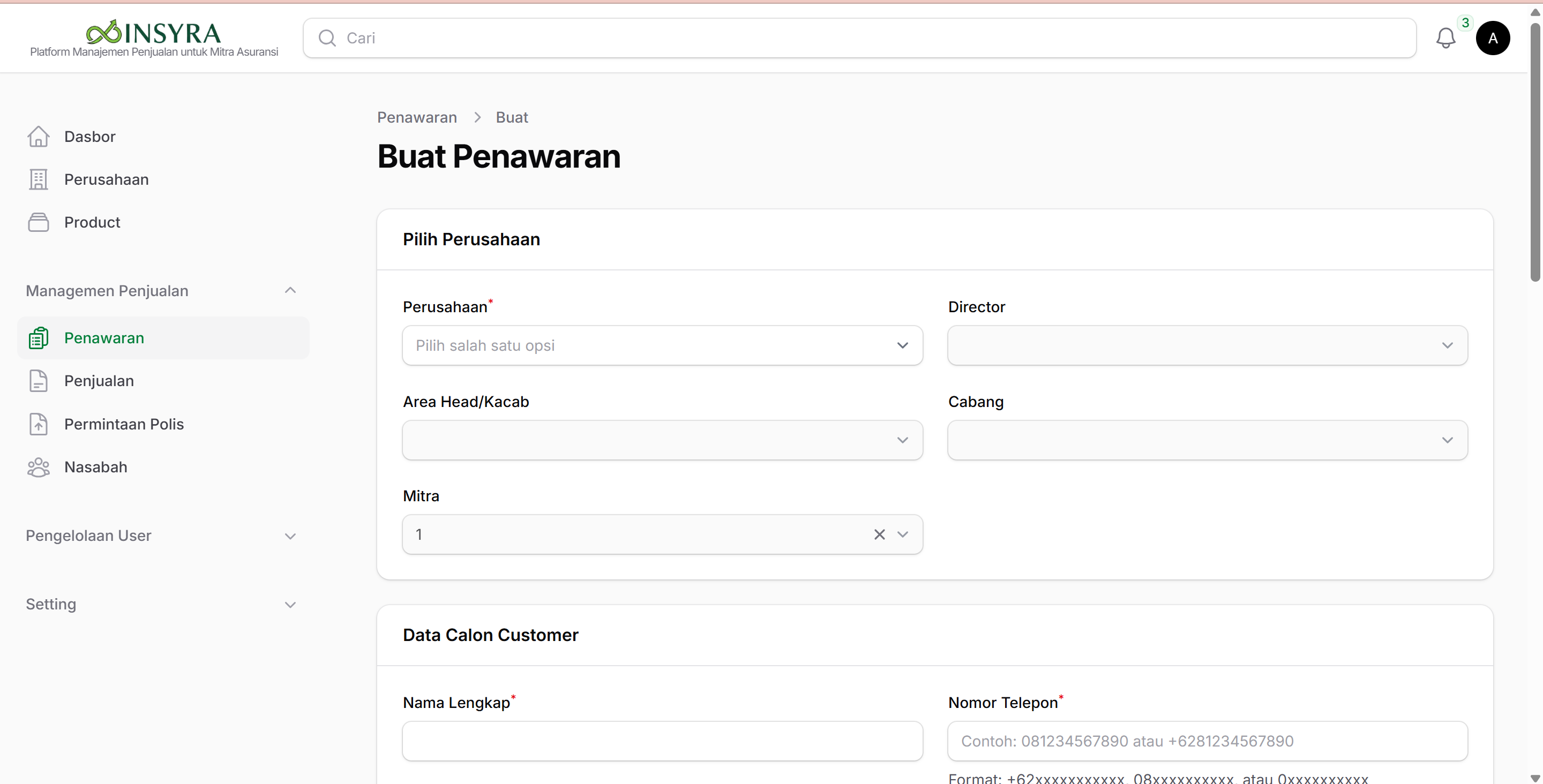 Form Membuat Penawaran