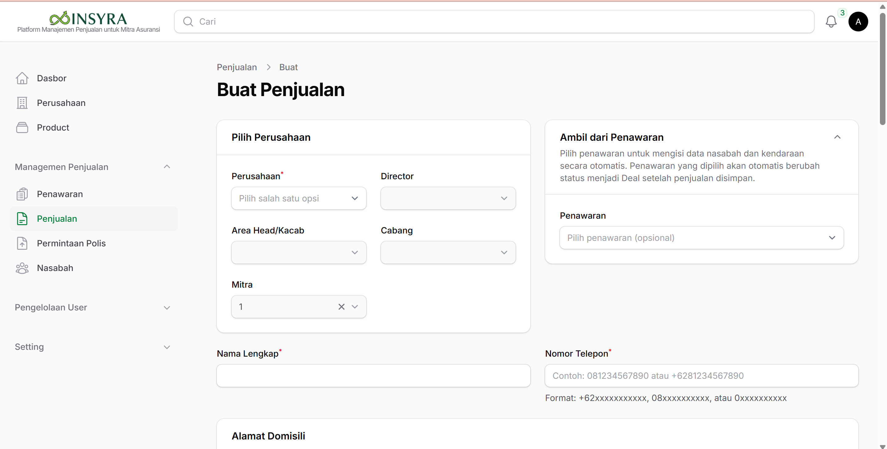 Form Membuat Penjualan