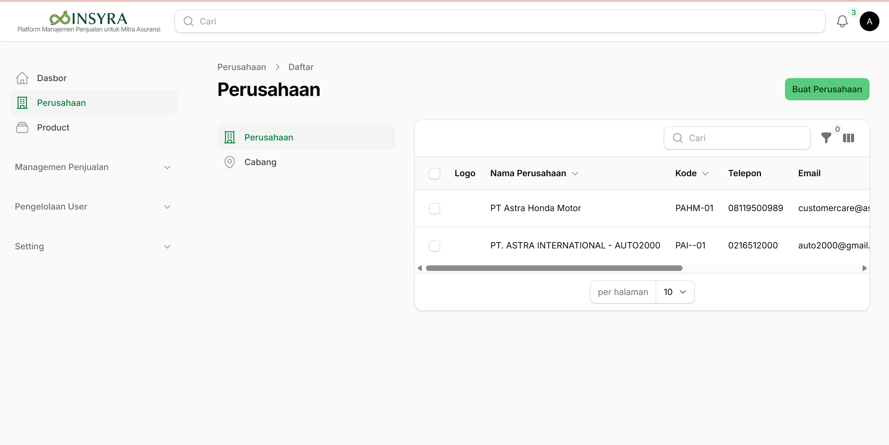 Tampilan Halaman Perusahaan