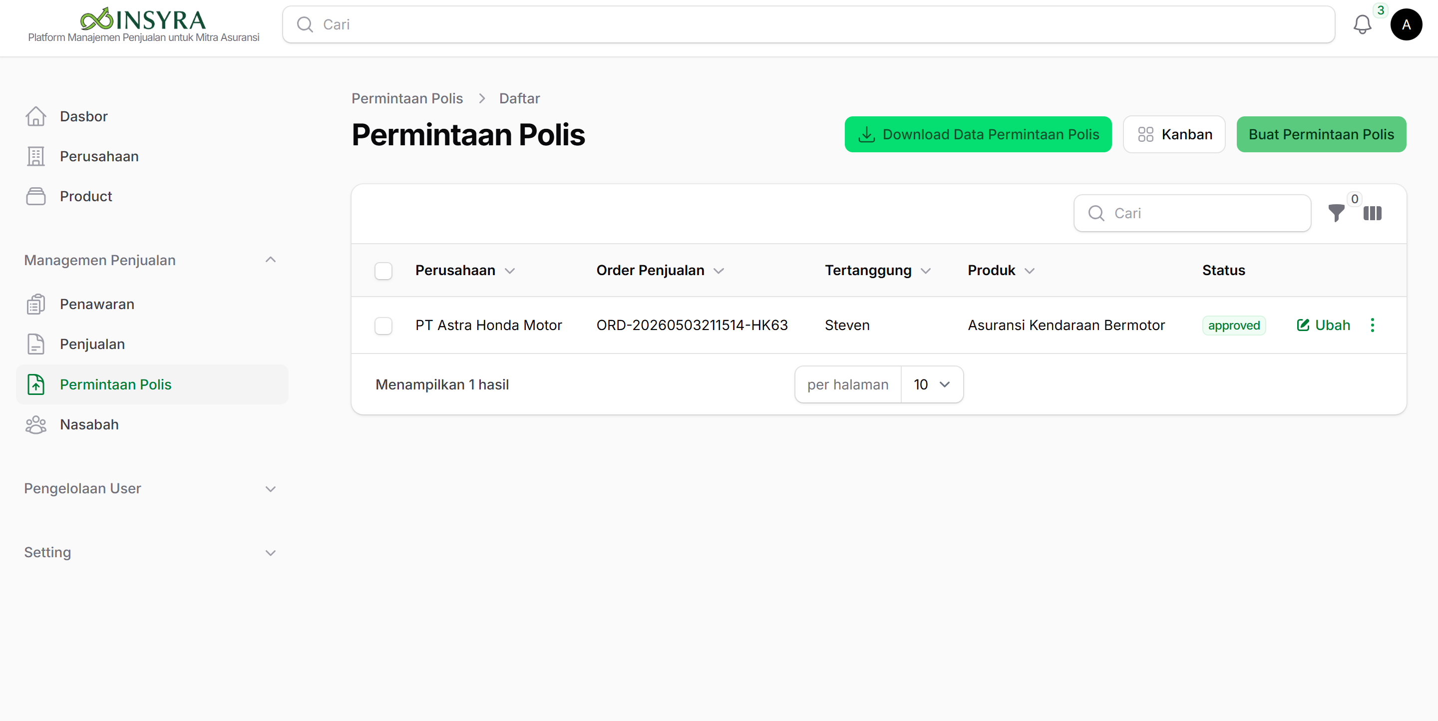 Tampilan Halaman Permintaan Polis