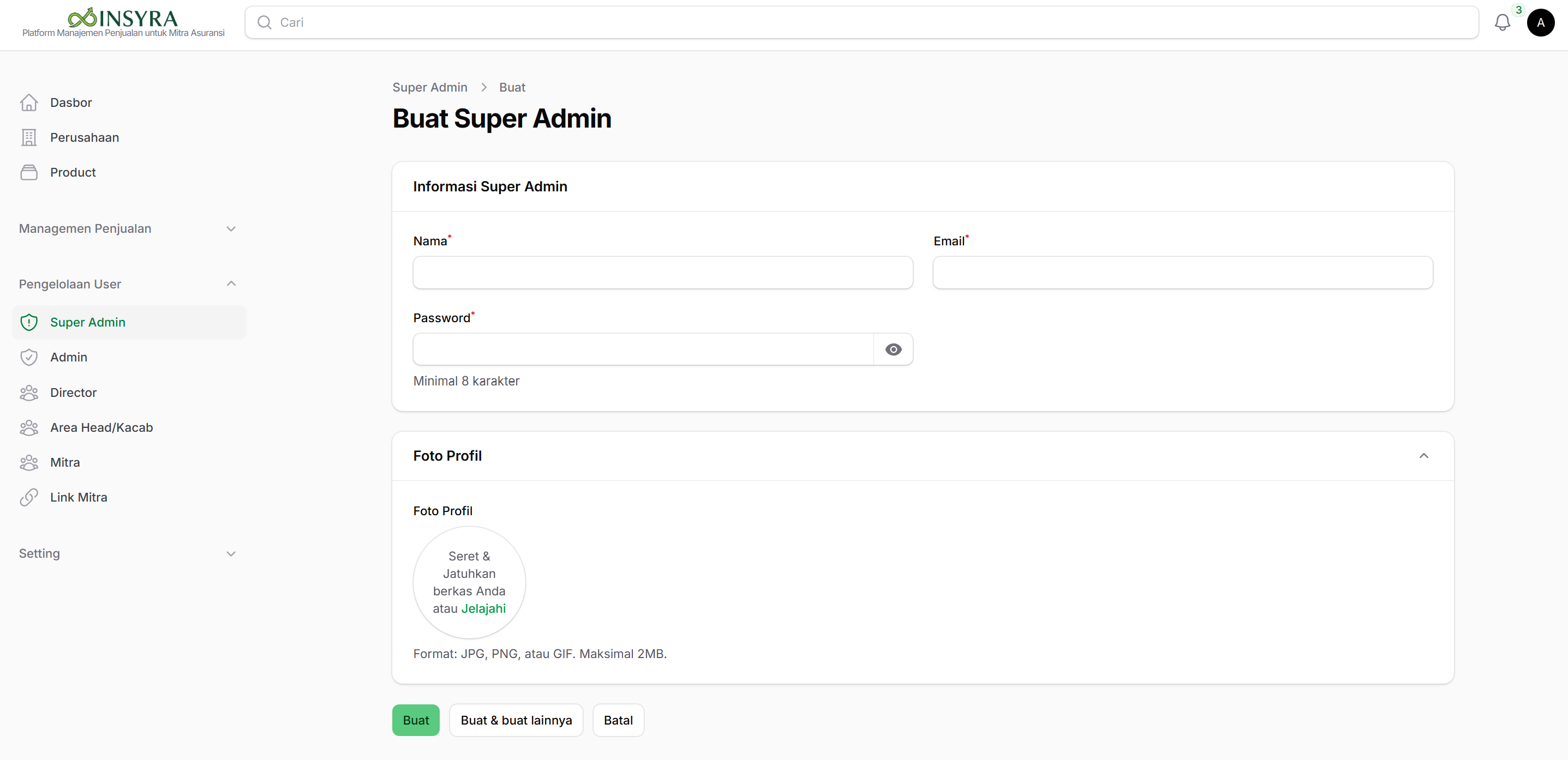 Form Membuat Super Admin